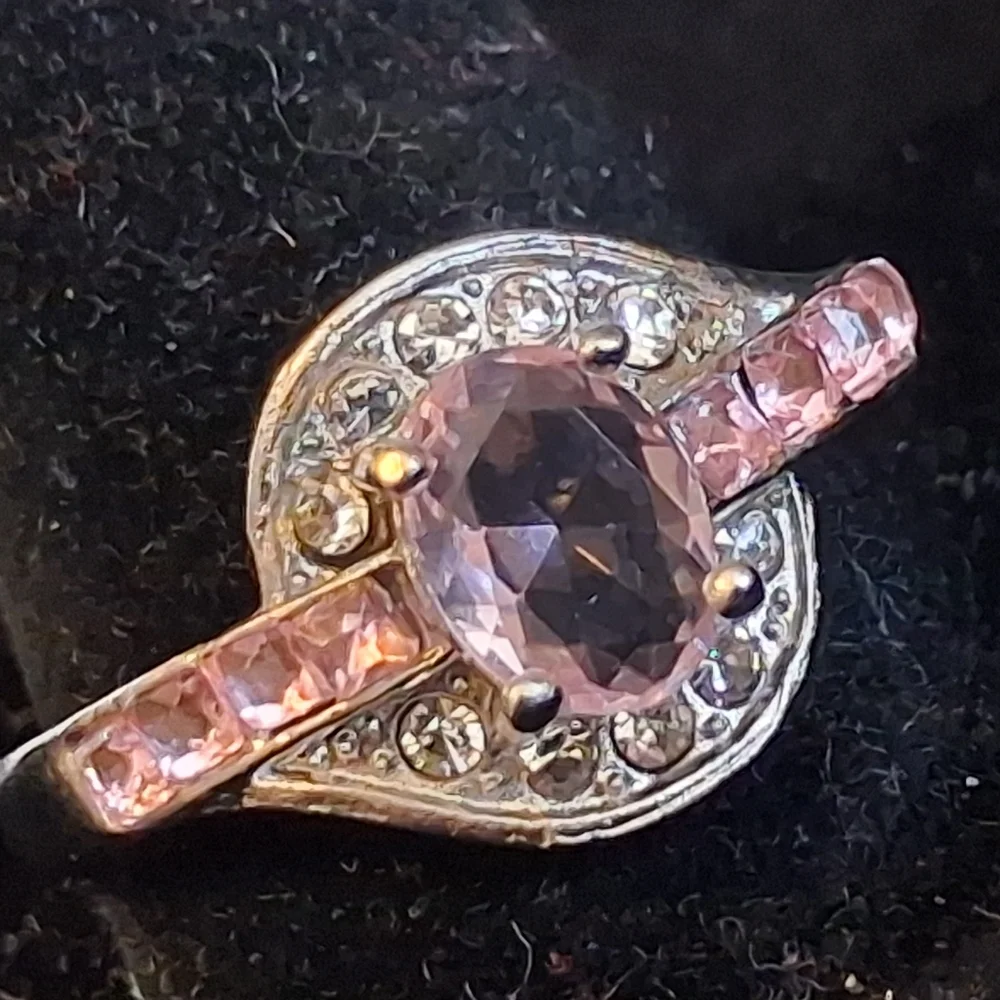 Silvertone Women's Ring With Pink And Clear Faux Diamonds Size 11 1/4